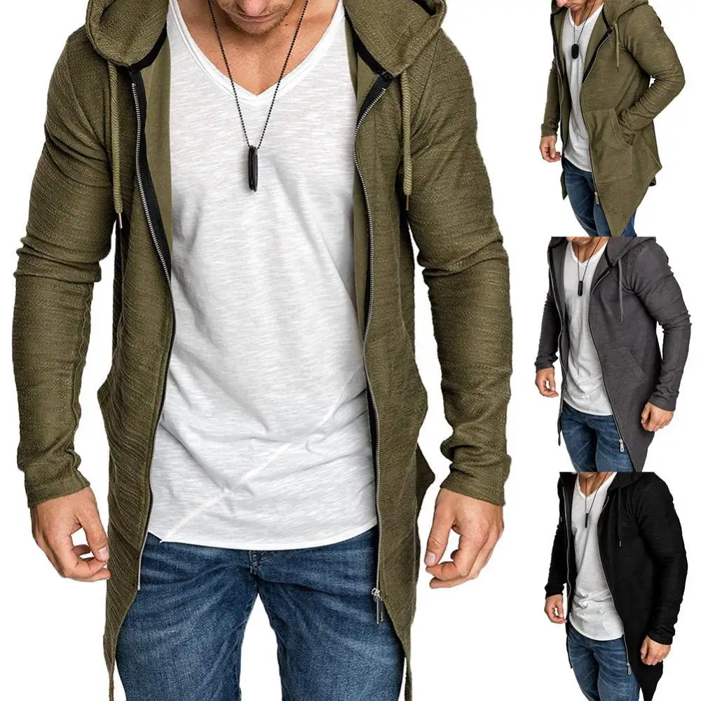 

Fashion Casual Cardigan Slim Coat Jacket Zipper Streetwear Pocket Men Solid Color Hooded Long Sleeve Outwear Male Coat