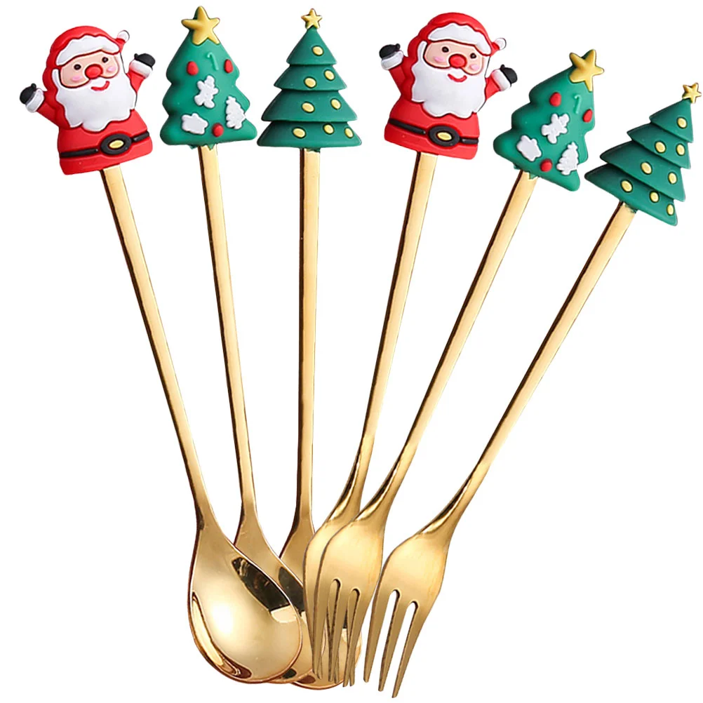 

Christmas Spoon Spoons Fork Dessert Coffeestainless Steel Forks Mixing Set Flatware Stirring Santa Tableware Silverware Fruit