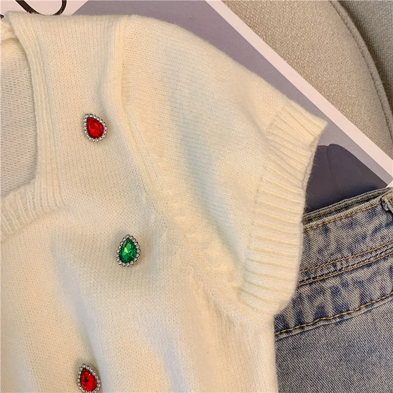 Женский трикотажный пуловер с цветными стразами модная футболка в Корейском