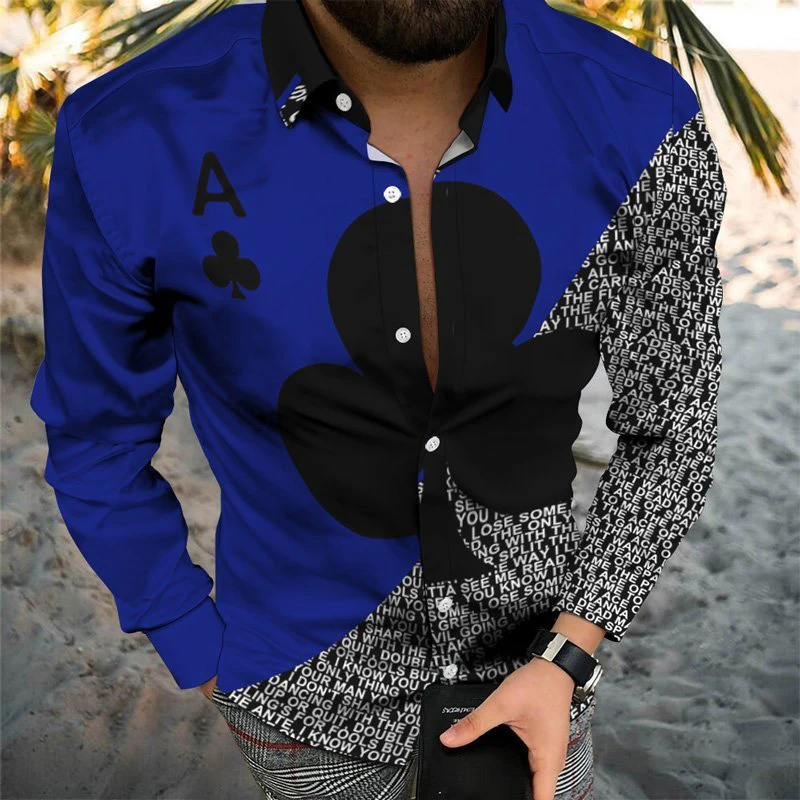 Luxury Fashion Men Shirt Turn-down Collar Buttoned Shirts Casual Red Poker Print Long Sleeve Men's Clothing Streetwear Cardigan