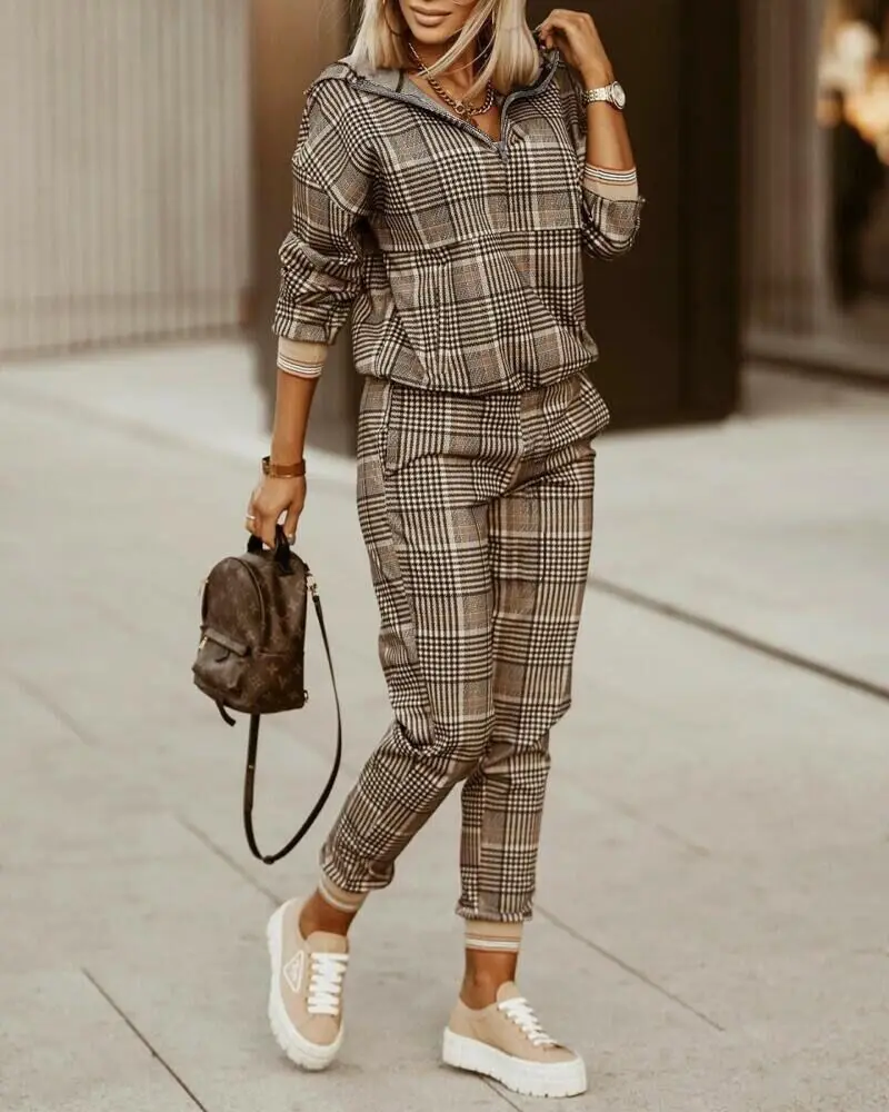 

Women's Clothing 2022 New Summer Autumn Plaid Printed Checks Suit Hooded Long Sleeve Pullover Elastic Pencil Pants