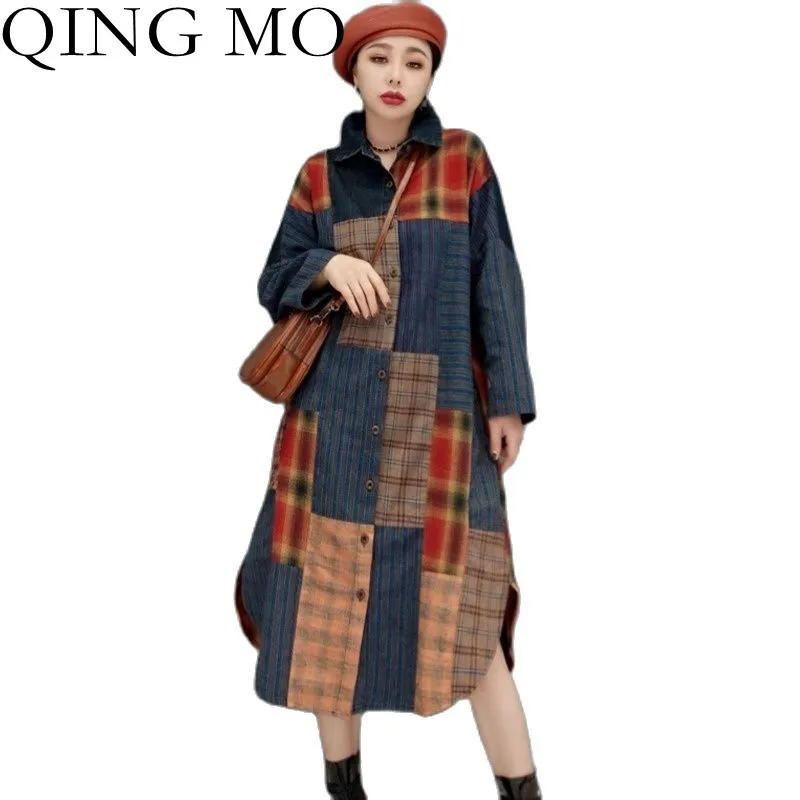 

QING MO 2022 Spring New Lapel Irregular Windbreaker Women Fashion Stitching Distressed Loose Large Size Denim Long Coat ZWL2143