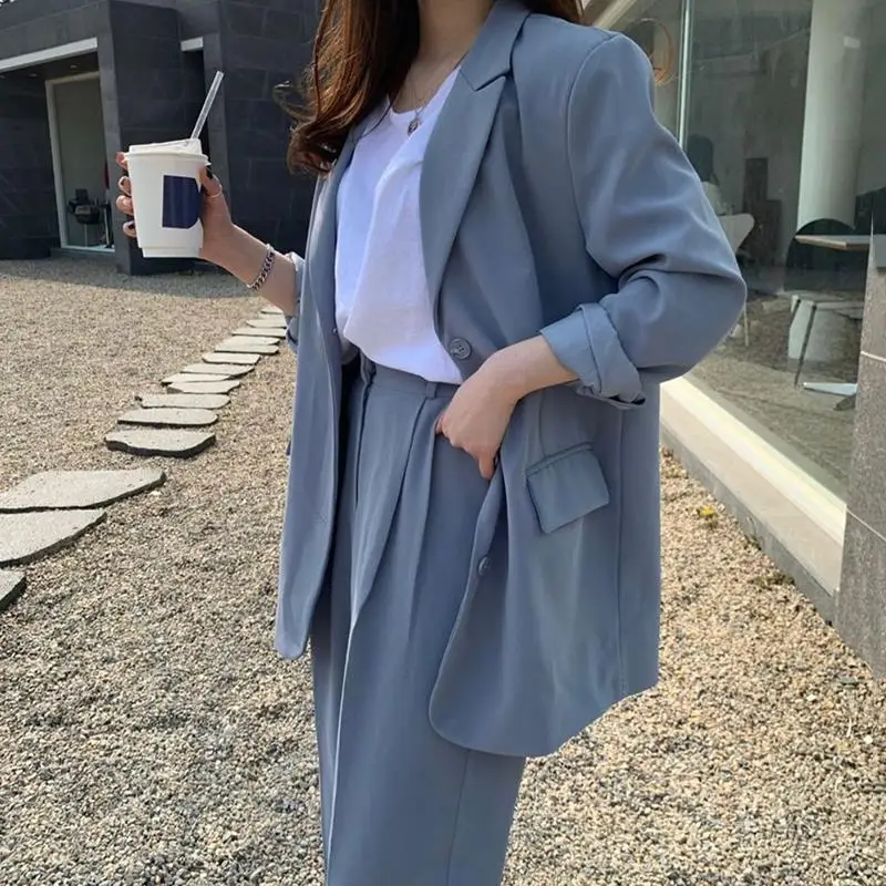Spring Fall Women Blue Two-Piece Set Blazers+Straight High Waist Mopping Trousers Office Ladies Korean Chic Fashion Pant Suits