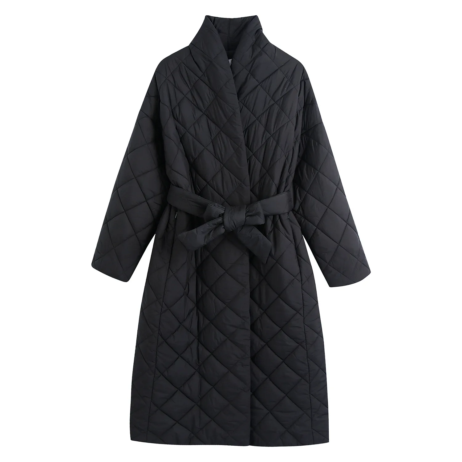 Women Fashion Long Padded Coat with Belt Long Sleeves High Neck Winter Warm Parkas Chic Lady Woman Long Jacket
