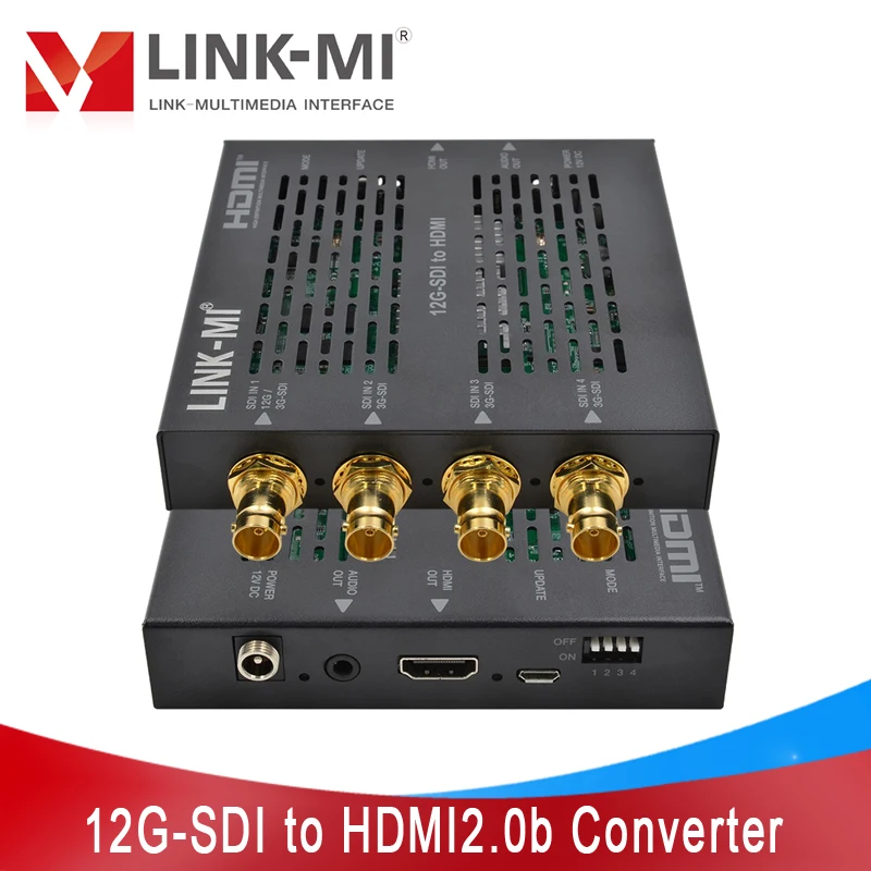 LINK-MI 12G-SDI-HDMI преобразователь до 4K2K @ 60 Гц, 18 Гбит/с, аудио LPCM, с аудио экстрактом на аналоговый выход, управление DIP-переключателем