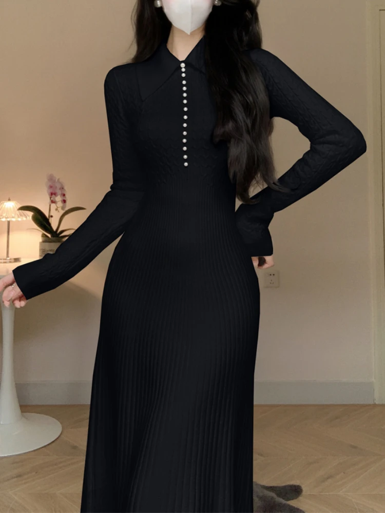 Платье-Свитер женское трикотажное ТРАПЕЦИЕВИДНОЕ с отворотом и длинным рукавом