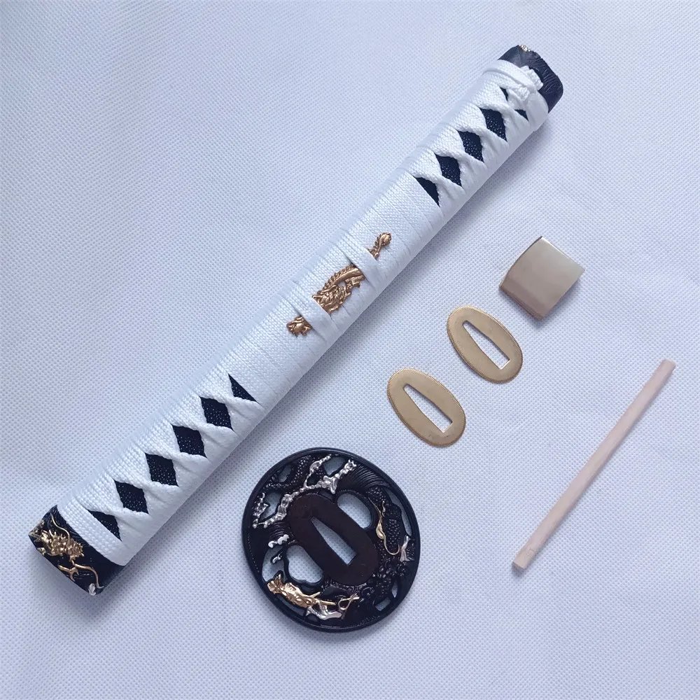 Фото Ручка Tsuka, 30 см, белое шелковое покрытие, золото, серебро, Tsuba Fuchi Kashira, фитинги, латунные фитинги Habaki Seppas для японского меча Katana №1