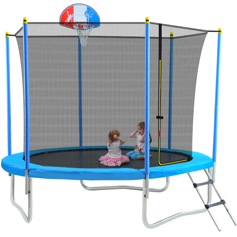 

8 Ft Children's Round Outdoor Recreational Trampoline Contains Secure Seine Net and Basketball Rack and Ladder for Easy Assembly