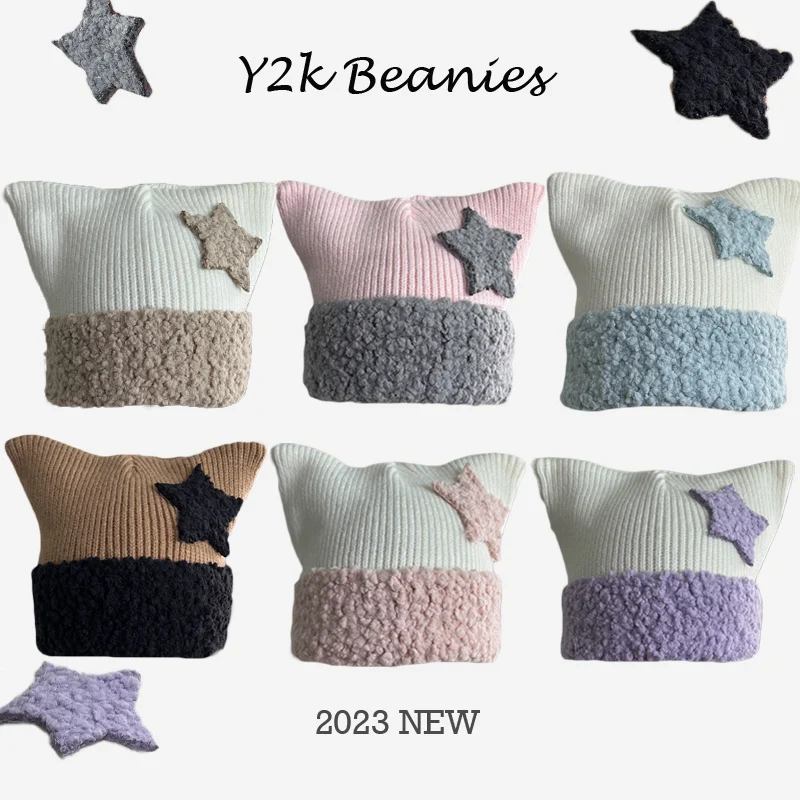 

Lolita Cute Five-pointed Star Cat Ear Beanies Hat Women's Winter Korean Y2k Yabi Style Warm Pullover Ear Protection Knitted Hat
