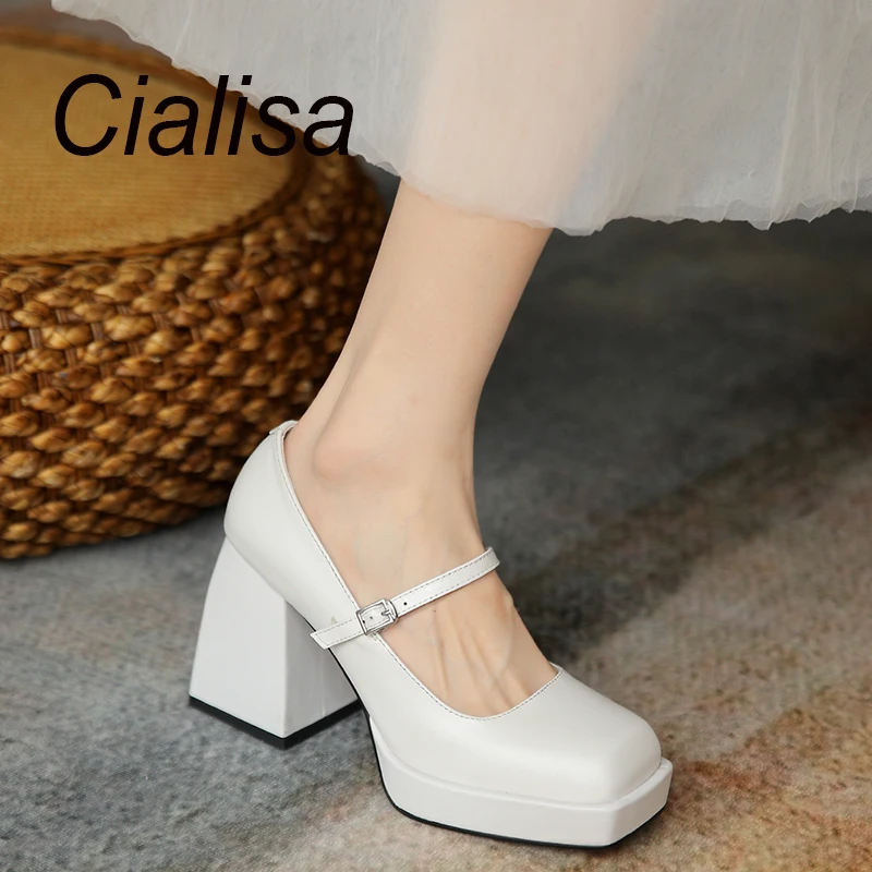 

Cialisa Pumps Genuine Leather Women Shoes Spring Autumn Square Toe Buckle Strap Elegant Handmade 9cm High Heels Footwear White