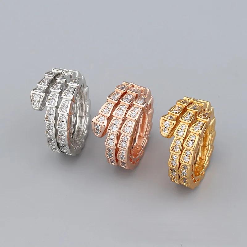 

Europe America Designer Luxury Women Lady Inlaid Full Czech Zircon Double Circle Snake Snakelike Plated Gold Color Ring