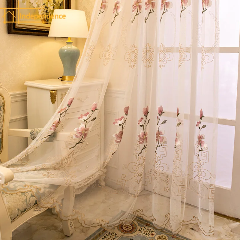 

European Light Luxury Rose Embroidery Gauze Curtain Semi Blackout Curtains for Living Room Bedroom Partition Curtain Bay Window