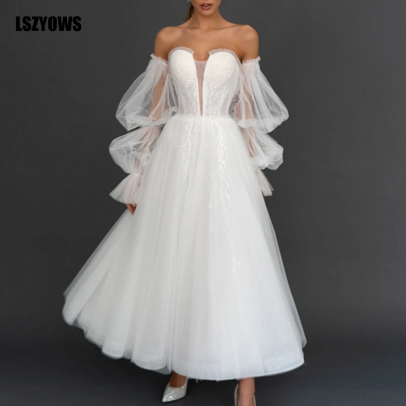 

Backless Sheer Mesh White Dress Sexy Women Off Shoulder Puff Long Sleeve Wedding Dress Elegant Gown Evening Party Dress Vestidos