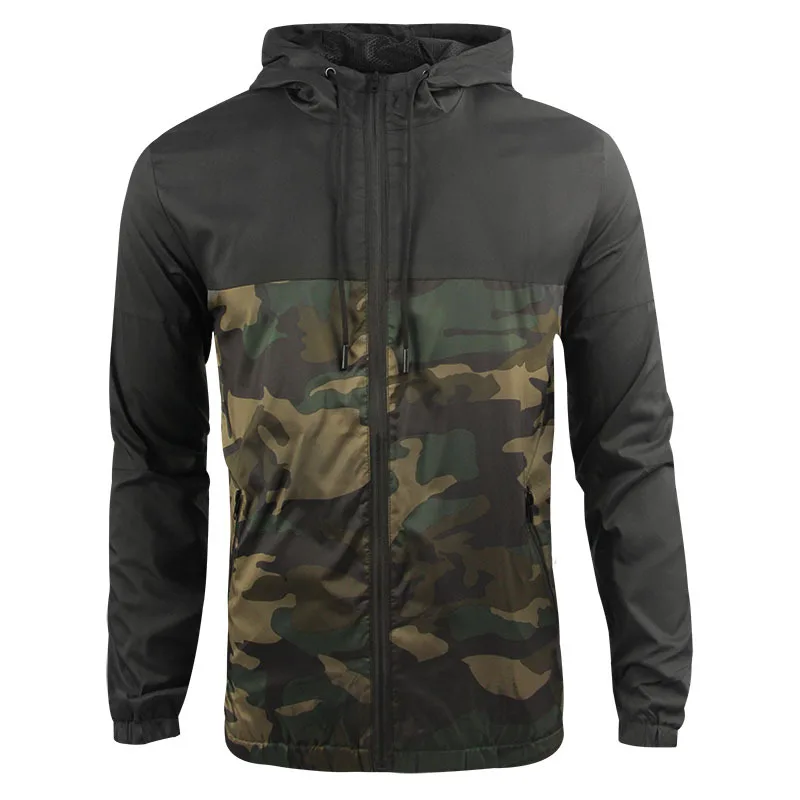 

Men's Windbreaker Custom Logo Autumn Patchwork Hooded Outdoor Waterproof Run Camo Windbreaker Jacket For Men