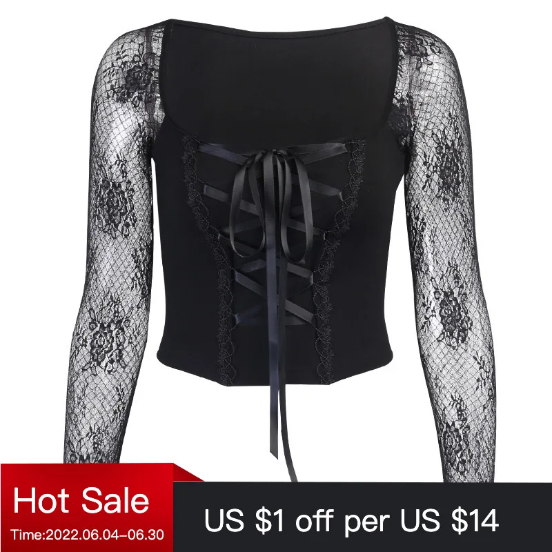 

Goth Dark Lace Patchwork Gothic T-Shirts Grunge Bandage Front Black Long Sleeve Crop Tops Women Bodycon Fashion Streetwear 2021