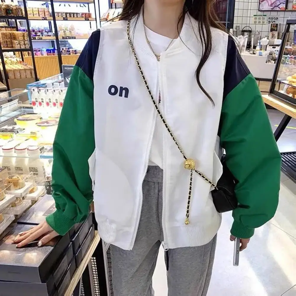 

Бейсбольная куртка Colorblock, уличная одежда, Женская бейсбольная куртка, мягкая гладкая эластичная свободная бейсбольная куртка на молнии с воротником-стойкой