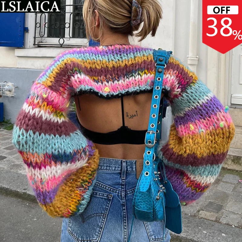 

Новый свитер для женщин 2022 Бесплатная доставка с длинным рукавом красочные полосатые Лоскутные корп топы Модные уличные вязаные весенние с...