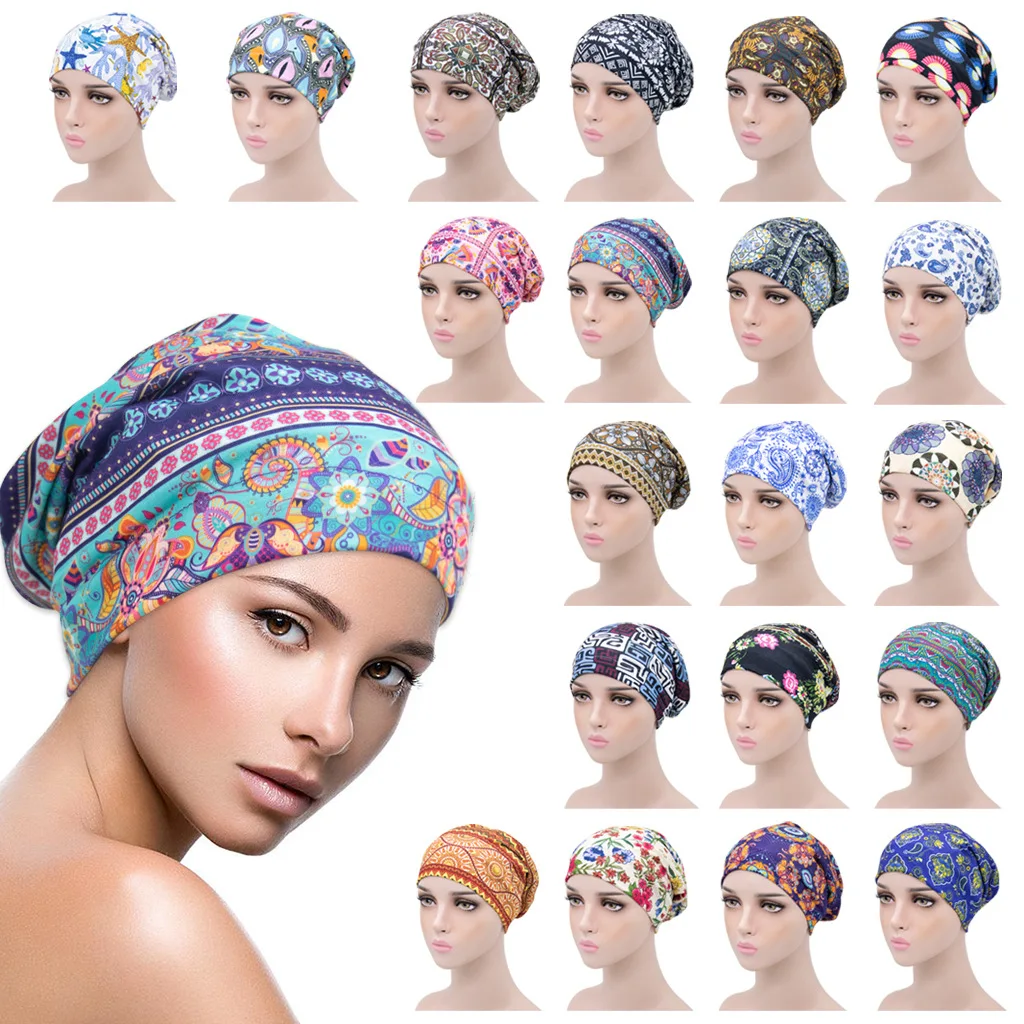 

Women Flower Print Turban Baggy Hat Headwrap Double-lined Satin Night Sleep Cap Elastic Indian Cap Fabric Floral Chemo Cap