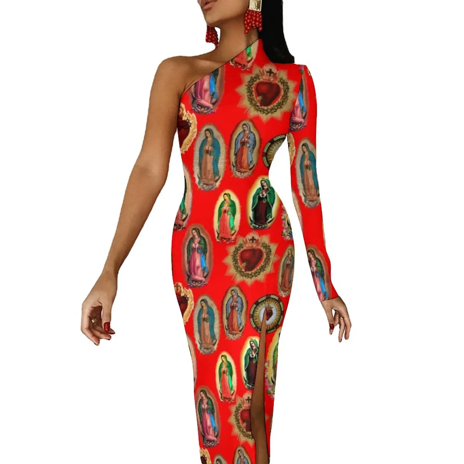 

Our Lady of Guadalupe Maxi Dress Long Sleeve Virgin Mary Street Style Bodycon Dresses High Slit Modern Dress Lady Print Vestidos
