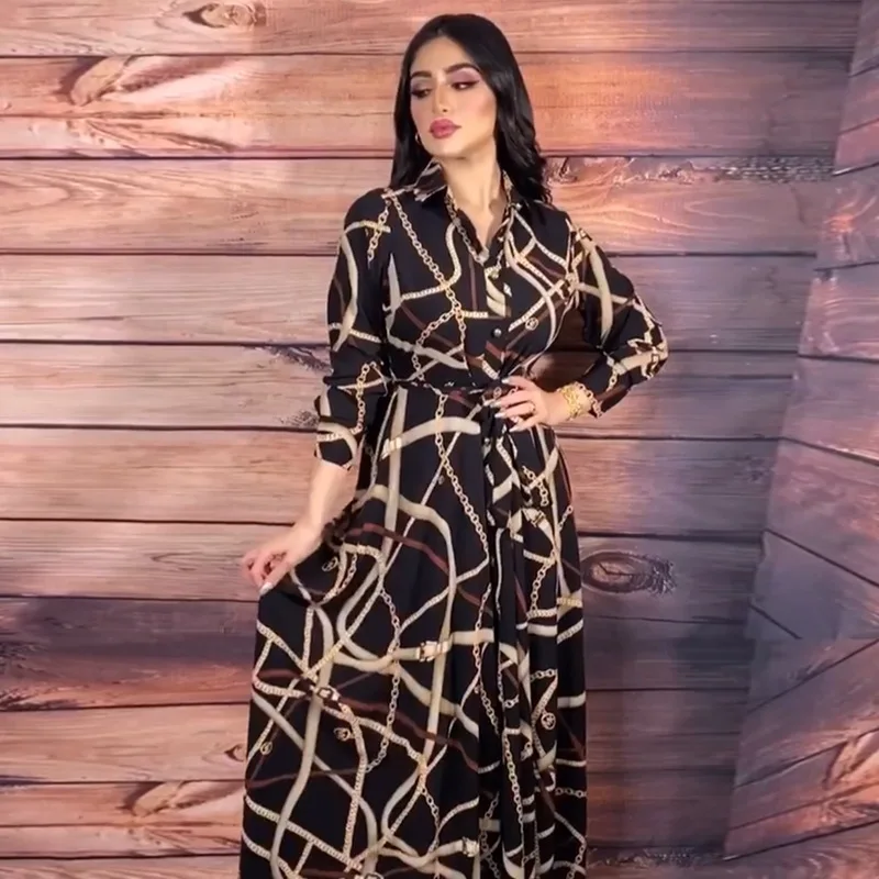 

Jalabiya Muslim Women Shirt Dress V-Neck Print with Belt Long Sleeve Arabic Abaya Dubai Evening Dresses Turkish Islam Clothing