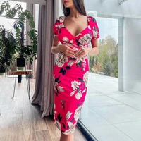 2022 new women elegant floral printed midi dress colorful sexy bodycon flower print deep v neck sheath dress female clothes
