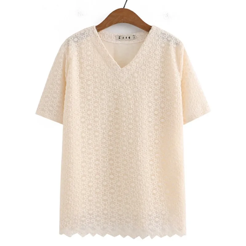 

Plus Size Basic T-Shirt Women 2023 Summer Lace With Lining V-Neck Tees Short Sleeve Tops Oversized Curve Clothes