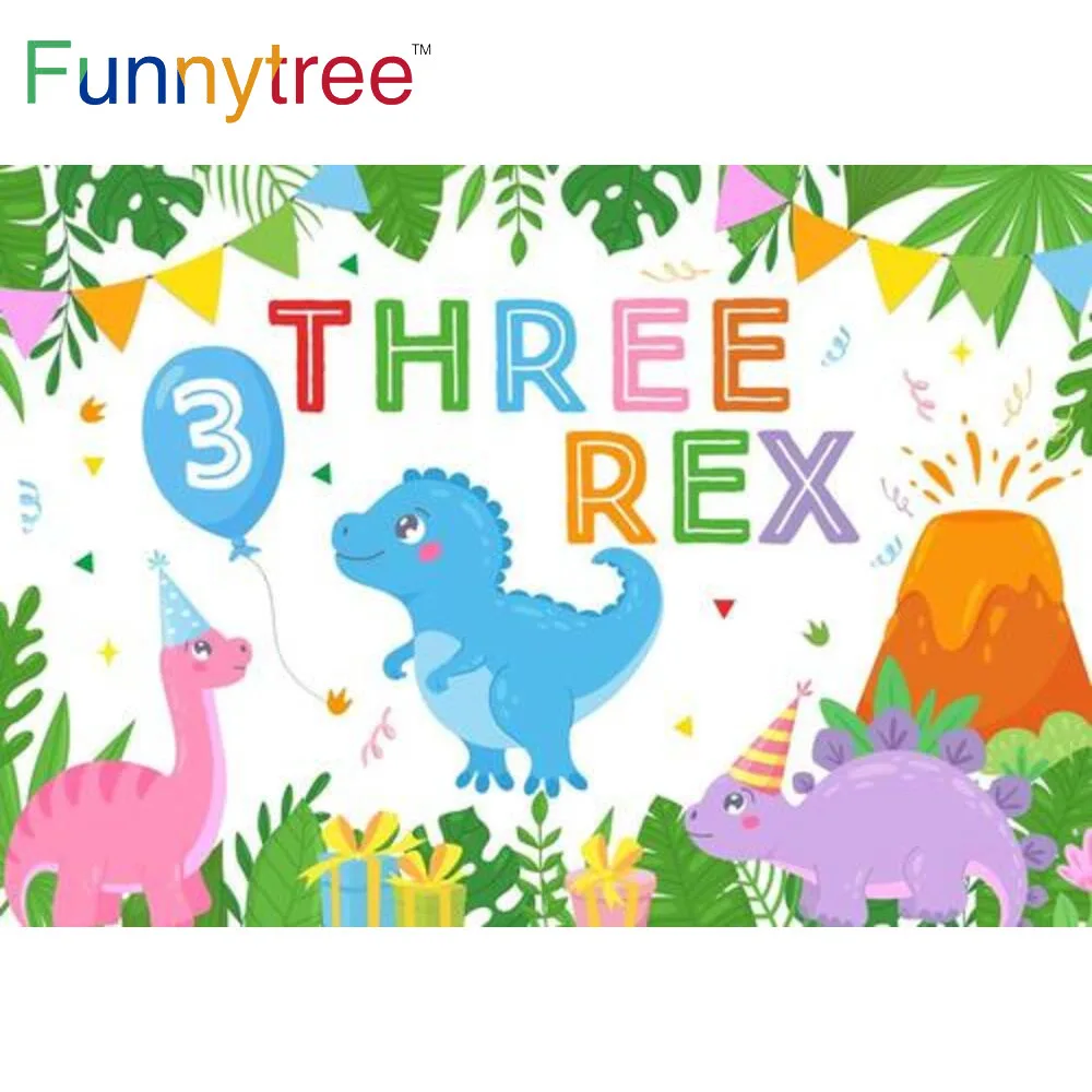 

Funnytree Three Rex Birthday Backdrop Colorful Cartoon Dinosaur Celebration Party Decor Custom Banner Background Photo Booth