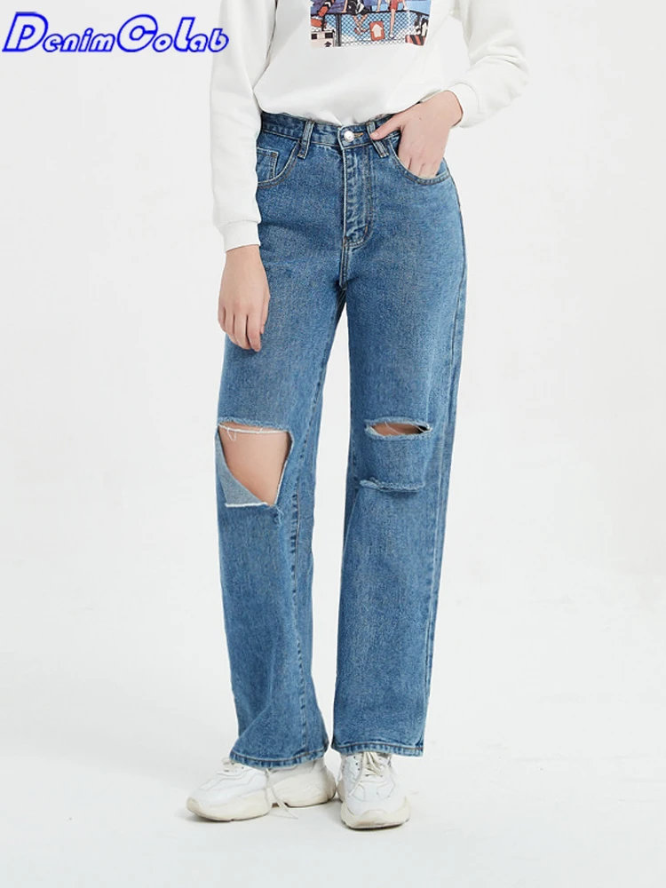 

Новинка 2023, женские джинсы Denimcolab с высокой талией, модные прямые джинсовые брюки с дырками, женские уличные свободные джинсовые брюки