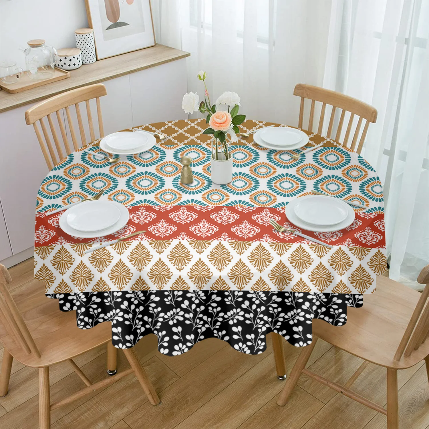

Богемная Геометрическая полоса Бирюзовая оранжевая Водонепроницаемая Скатерть для свадьбы Дома кухни столовой искусственный круглый чехол для стола