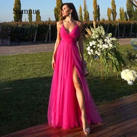 sumnus hot pink tulle prom dresses spaghetti straps v neck evening gowns floor length side slit party dresses formal summer gown