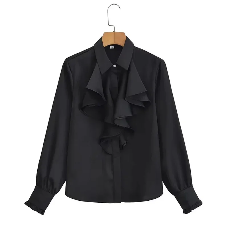 Женская атласная блузка с оборками однотонная элегантная рубашка длинным