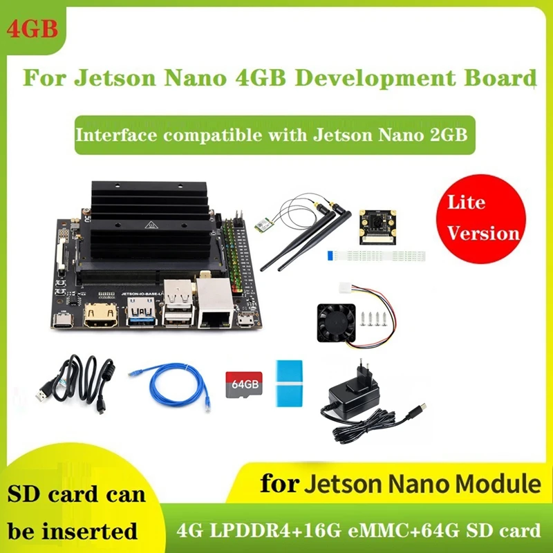 

For Jetson Nano 4GB Lite DEV Kit+ Expansion Backplane +64G SD Card+Card Reader+IMX219 Camera+Network Card+Power EU Plug