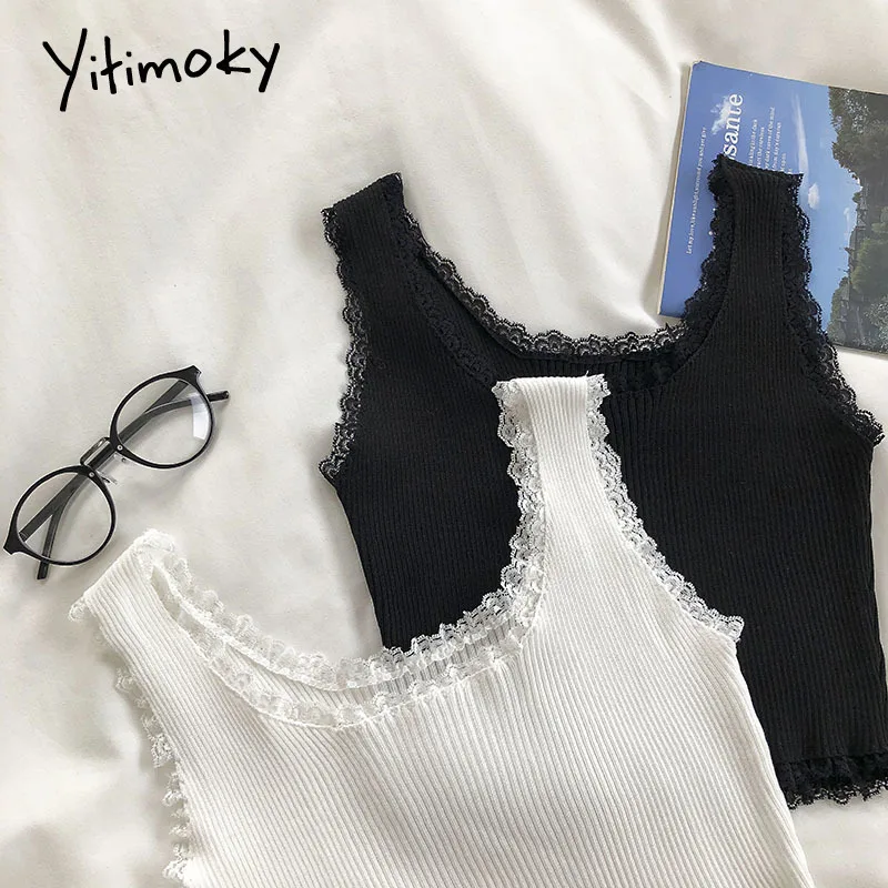 Yitimoky кружевные черные майки для женщин одежда укороченный топ рубашка Милое