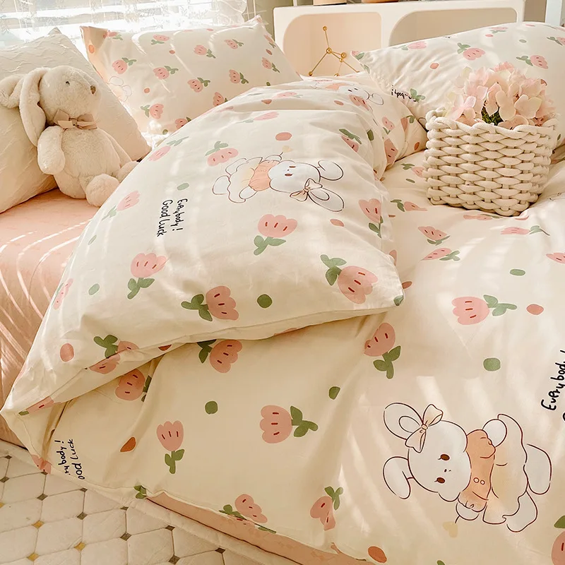 Cute Ins 100% Cotton Bedding Set For Couple Girls Princess Style Duvet Cover Set With Flat Fitted Bed Sheet Full Queen King Size