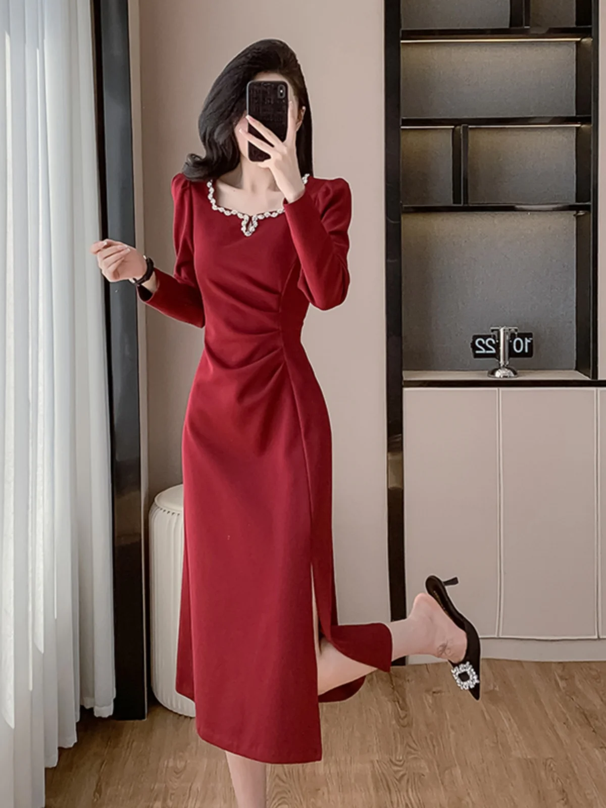 With Coat Guest dresses New French sle Advanced Square Collar Autumn Dress Slimming Long sleeve Split Temperament Skirts