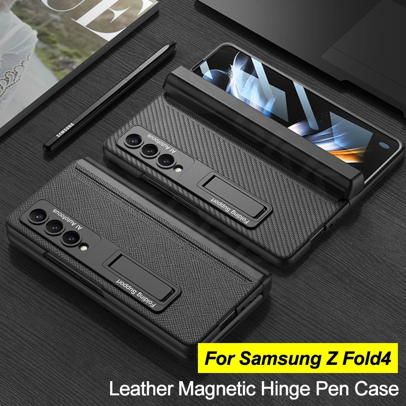 

GKK For Galaxy Z Fold4 Case Magnetic Hinge Leather Screen Glass Frame Cover For Samsung Galaxy Z Fold 4 5G Pen Holder Hard Case