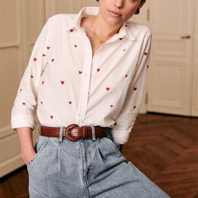 

Women Blouse Heart Embroidery Single Breasted Turn Down Collar Long Sleeve Fashion Shirt