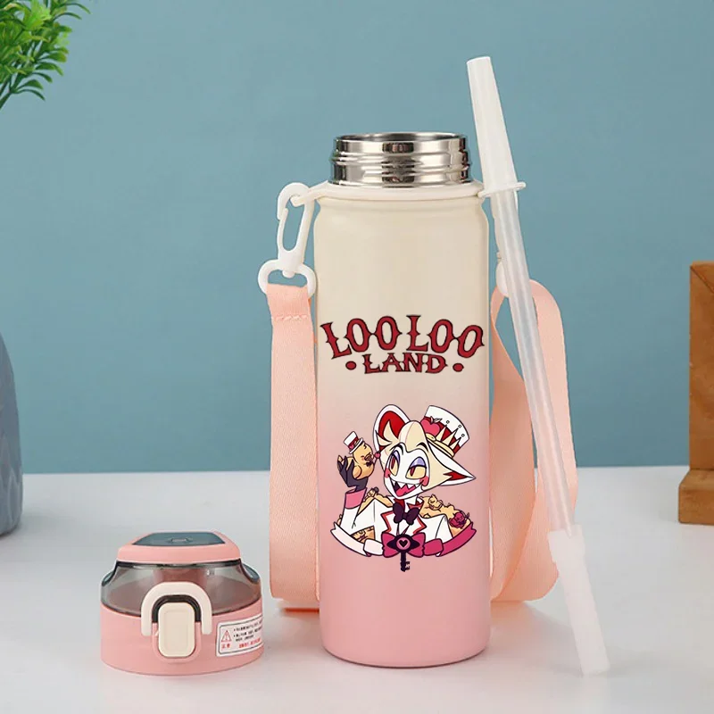 600ML Hazbin Hotel Cartoon Stainless Steel Insulated Cup Portable Drinking Water Bottle Outdoor Sports Leak Proof