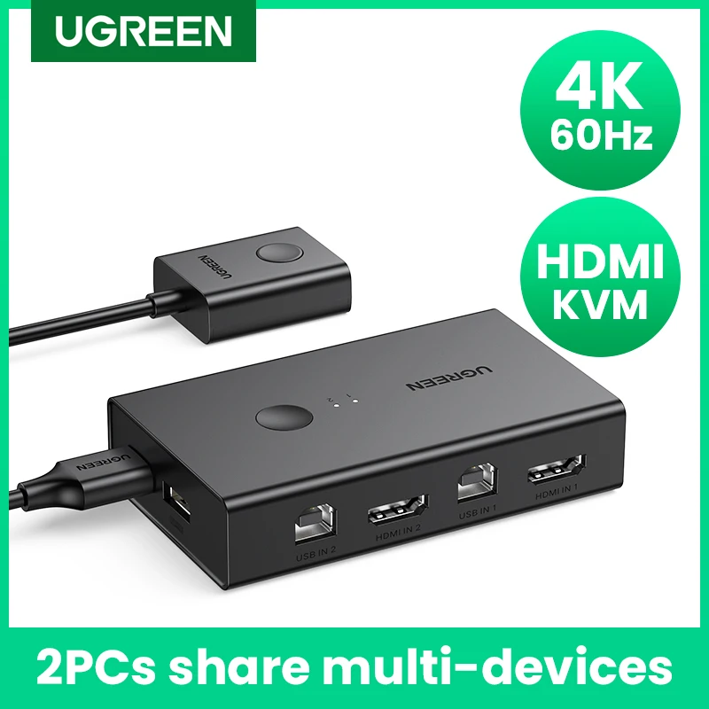 HDMI KVM-переключатель UGREEN, 4K @ 60 Гц, USB 2,0 переключатель, 2 в 1 выход для принтера, монитора, клавиатуры, мыши, 2 шт., разделитель для 1 устройства