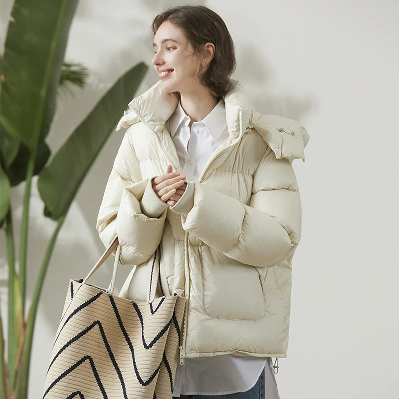 

Women 2022 Winter Fashion White Duck Down Jackets Female Loose Warm Hooded Coats Ladies Short Solid Color Down Outerwear E369