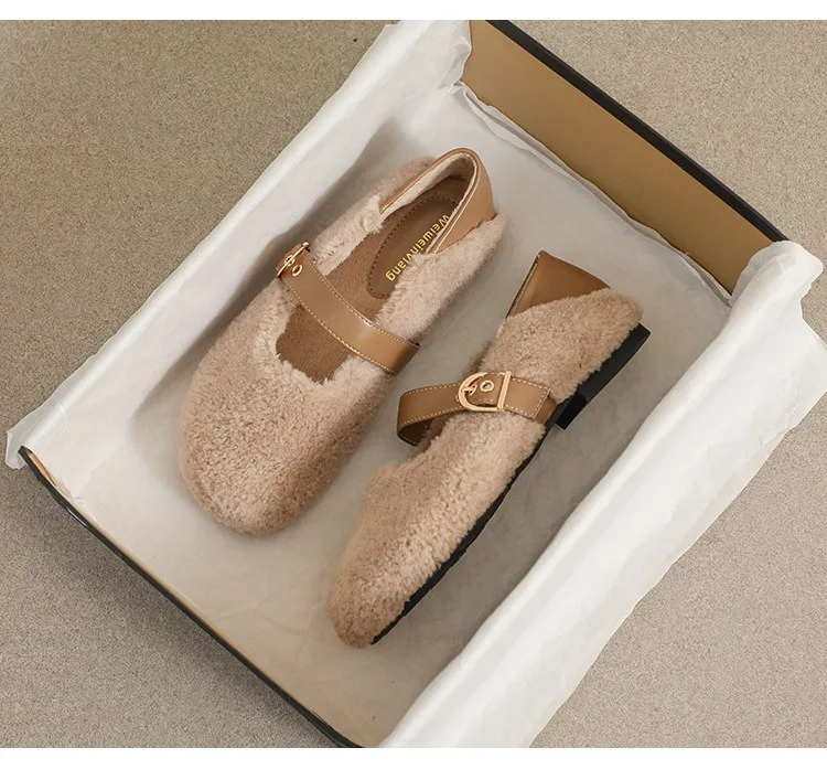 Khaqi Зимние женские туфли на плоской подошве из искусственной шерсти с круглым