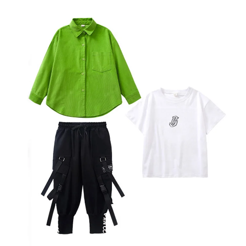 Kid Kpop Hip Hop Clothing Green Shirt Casual Streetwear Cargo Jogger Sweat Harem Pants for Girl Boy Jazz Dance Costume Clothes