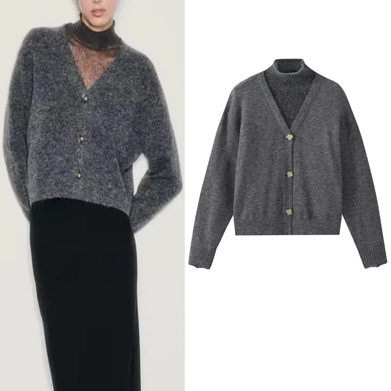 

TRAF Grey Knit Cardigan For Women 2023 Autumn Sweater Woman Fashion Semi-Sheer New Knitwears Women High Neck Button Outerwears