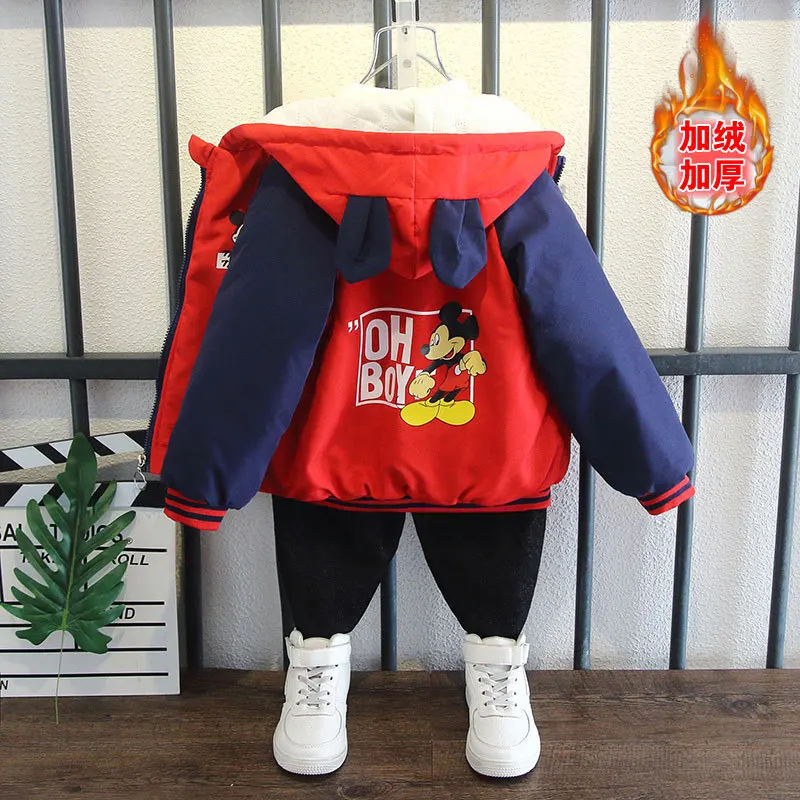 Winter Boys with Wool Thick Cotton Parkas Coat 2023 Children's Cartoon Fashion Hoodie  Jacket Girl Toddler Mickey Mouse Clothes