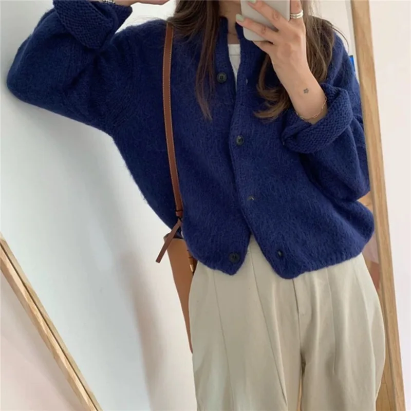 

Женский однобортный свитер на пуговицах, Свободный кардиган с круглым вырезом и пышными рукавами, в винтажном стиле, Осень-зима