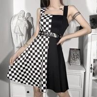fairy grunge black and white checkered color dress splicing strap dress female summer high waist aesthetic fanshion goth dress