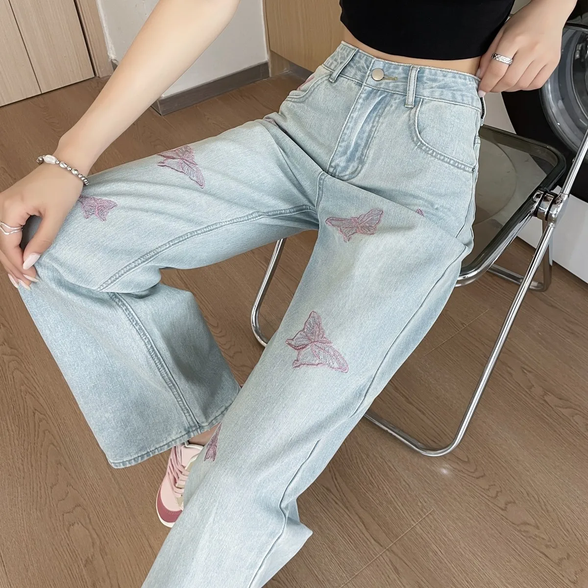 ZHISILAO новые джинсы с принтом бабочки женские синие классические прямые джинсовые