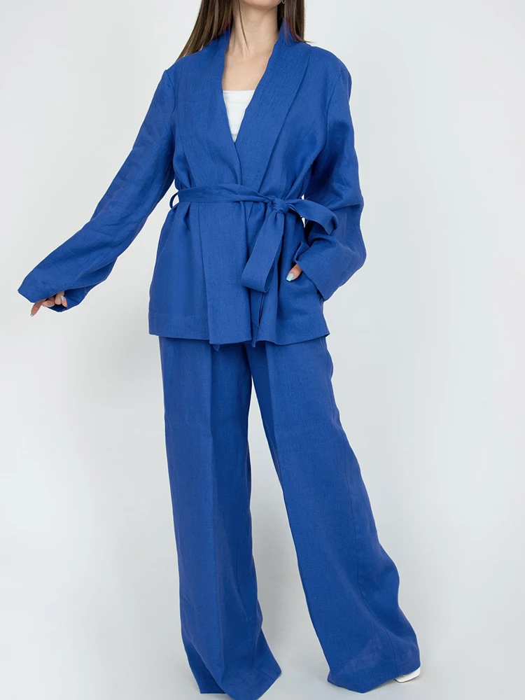 

Linad Blue Pajamas For Women 2 Piece Sets Loose Long Sleeve Sleepwear Sashes Female Casual Trouser Suits 2023 Autumn Nightwear