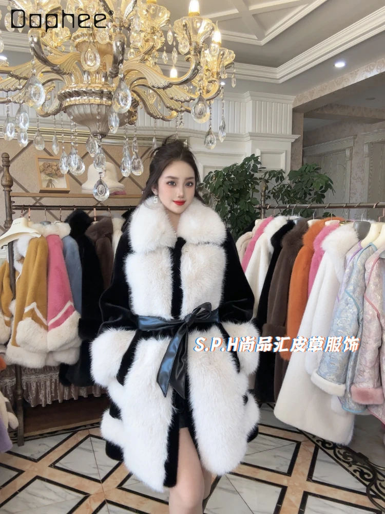 

Fashion Big Fur Collar Colorblock Coat Women 2023 Winter New Korean Style Mid-Length Fox Fur Mink Long Belt Waist-Tight Fur