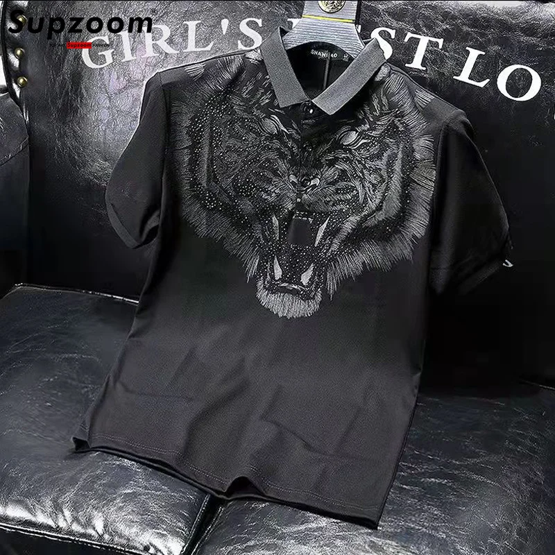 

2022 New Arrival Tiger Head Printing Short Knitted Casual Solid Polos Summer T Shirt Men Leisure Cotton Tshirt